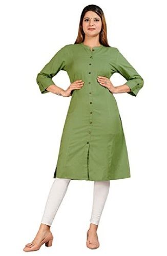 A-Line Style And Daily Wear 3/4th Sleeves With Plain Pattern Cotton Kurti For Ladies