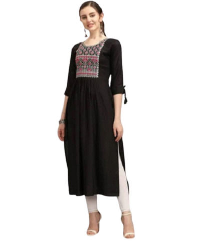 Breathable Comfortable And Black Embroidered Design With Long Sleeves Rayon Kurti 