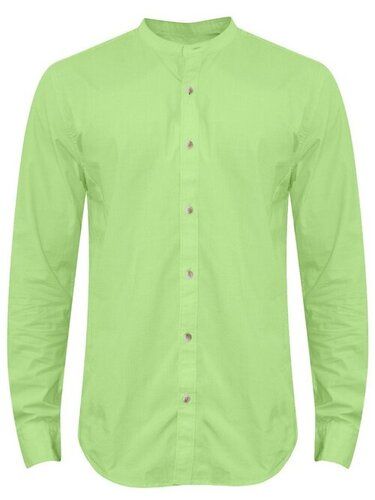 Light Green Plain Mandarin Collar And Long Sleeves Cotton Shirt For Men