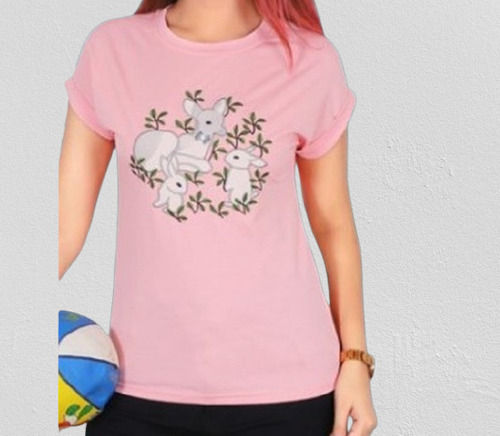 Pink Round Neck Half Sleeves Printed Cotton T Shirt For Ladies Casual Wear Age Group: Adults