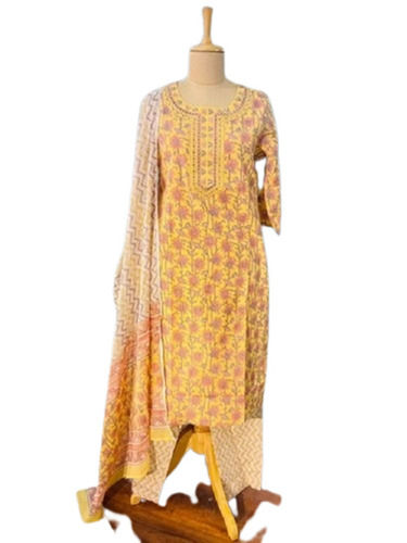 Yellow Straight Embroidered Floral Printed Cotton Stitched Suit