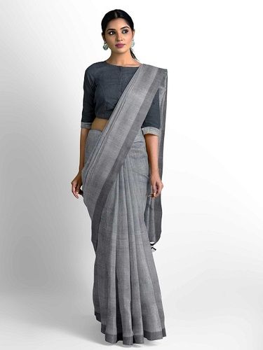 Spring Cotton Silk Other Indian Style Plain Pattern Casual Grey Saree For All Season