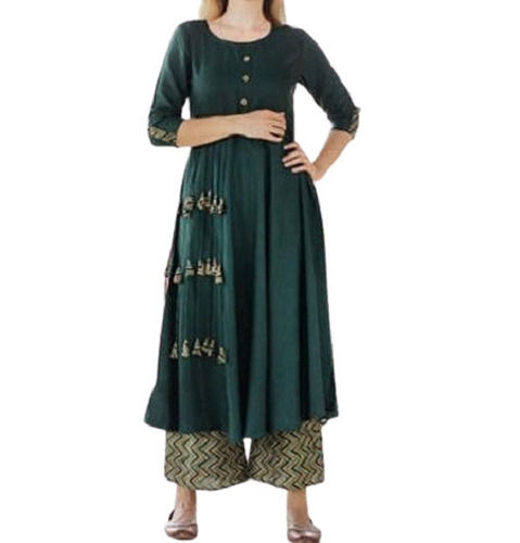 Navy Blue Fashionable Round And Stylish Rayon Kurti For Ladies