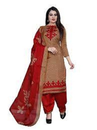 Red And Brown Printed Cotton Chiffon Salwar Suit - Plus Size, Breathable 3/4 Sleeve Design, Ideal For Casual Wear