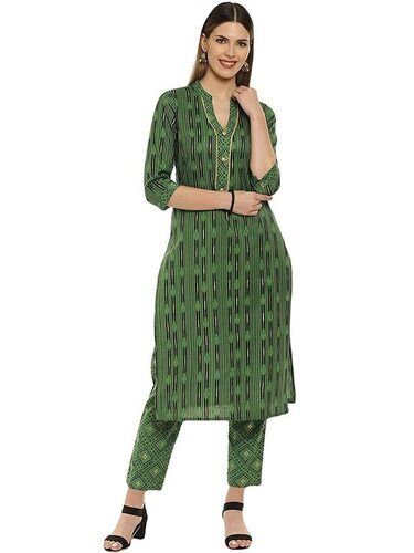 Green Ladies Readymade Quarter Sleeves Straight Kurta With Pant Set