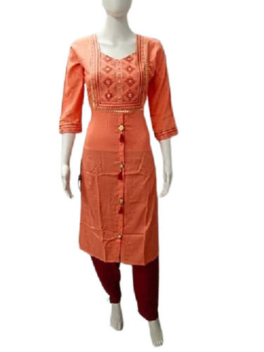 Green Breathable V Neck And 3/4Th Sleeves Embroidered Straight Ladies Cotton Kurti For Casual Wear