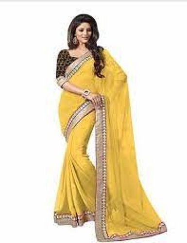 Yellow Ladies Beautiful And Elegant Look Printed Embroidered Design Cotton Silk Saree