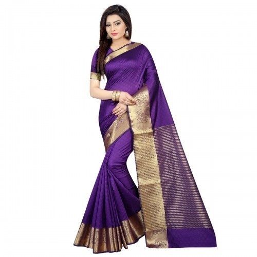 Casual Cotton Silk Banarasi Style Zari Work Plain Pattern Purple And Golden Saree