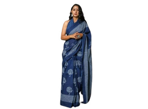 Summer Blue And Grey Printed Pattern Cotton Designer Saree For Ladies Party Wear 