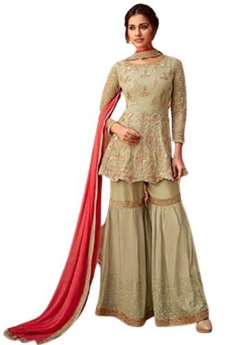 Stylish Fashionable Comfortable And Casual Wear Ladies Olive Green Sharara Suit Size: Different Available