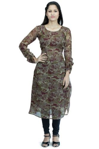 Ladies Designer Round Neck Full Sleeves Printed Chiffon Kurti For Casual Wear