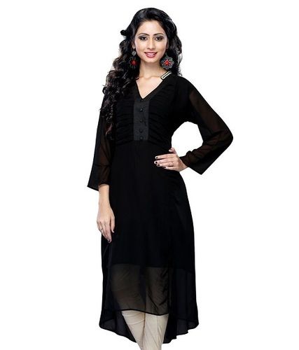 Ladies Fancy V Collar Neck 3/4th Sleeves Plain A-line Georgette Kurti For Casual Wear