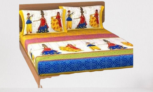 Multicolor Rectangular Printed Cotton King Size Double Bedsheet With Two Pillow Cover