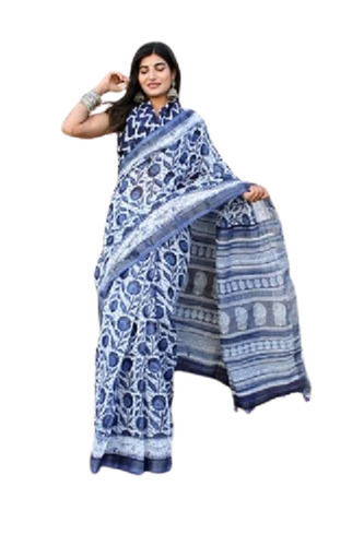 Summer Silk Fabric Cotton Printed Pattern Designer Blue Color Saree