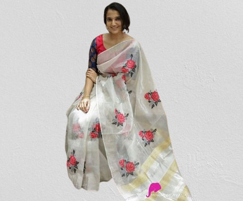 Party Wear White Color Printed Traditional Look Hand Made Pure Cotton Saree With Blouse Piece