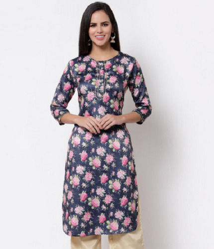 Trendy Style And Casual Wear Navy Blue Silk Kurti For Ladies