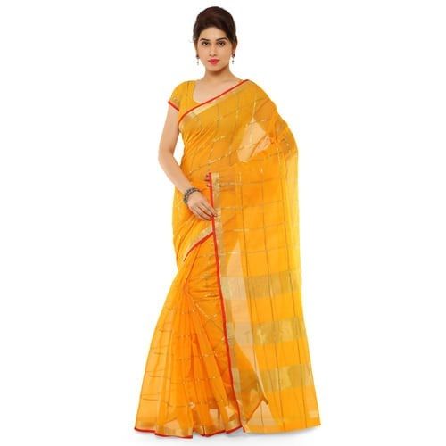 Summer Cotton Silk Banarasi Style Striped Pattern Party Wear Yellow And Red Saree