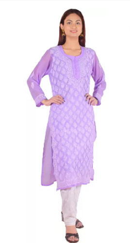 Purpul Modern Style Casual Wear Long Sleeves Embroidered Pattern Georgette Kurti For Ladies