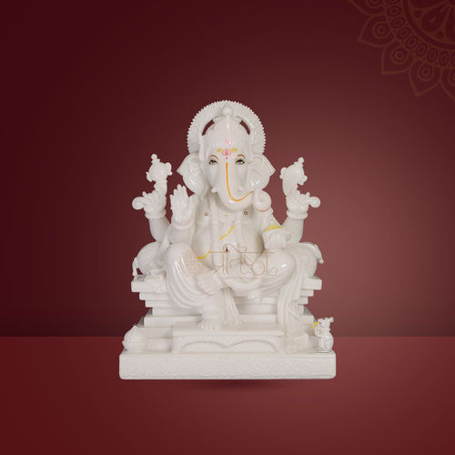 Sturdy Design Easy To Clean Eye Catching Look Polished White Marble Ganesh Statue (GNP-01)