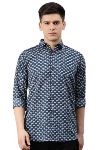 Men'S Printed Collar Neck Millennial Handwash Blue Cotton Full Sleeves Shirts