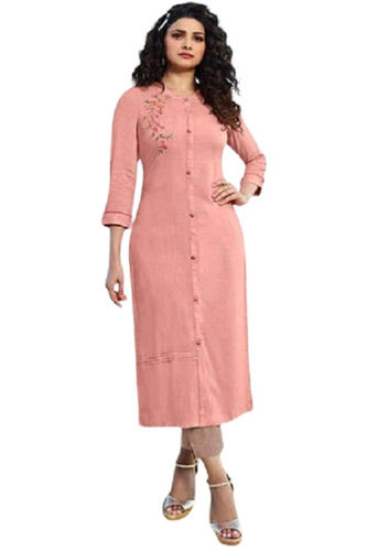 Simple Style And Casual Wear 3/4Th Sleeves With Plain Pattern Cotton Kurti  Bust Size: 22 Inch (In)