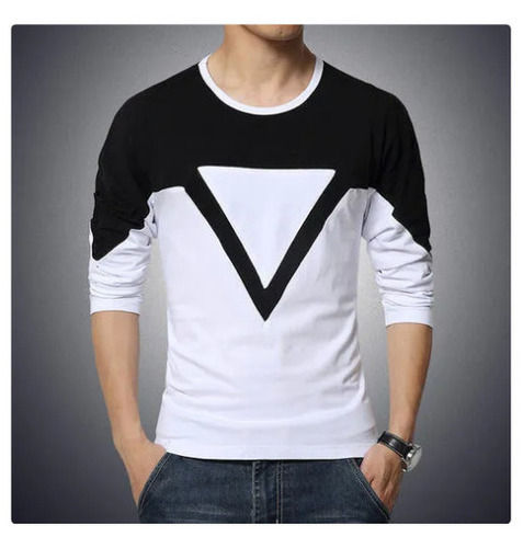  Casual Wear Full Sleeves Round Neck Black And White Men'S Cotton T-Shirt