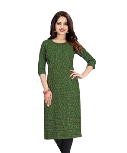 Green Ladies Shine Sequines Work Embroidered Pattern 3/4Th Sleeves Silk Kurti