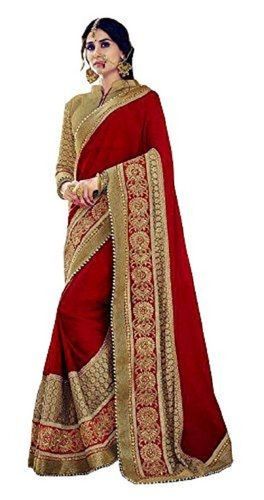 Red And Golden Embroidered Pattern Bridal Occasion Zari Work Art Silk Saree For Women