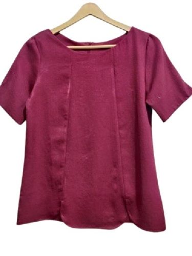 Mehrom Fancy Round Neck Short Sleeves Burgundy Top For Ladies