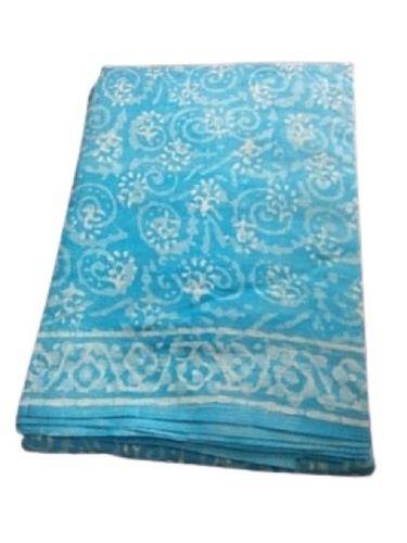 Casual Ladies Printed Sky Blue Cotton Sarees With Unstitched Blouse Piece