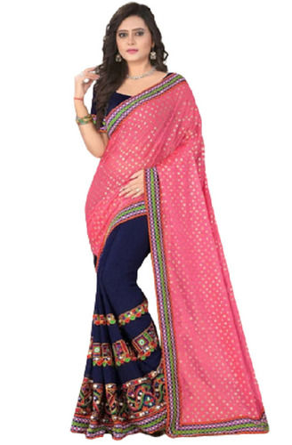 White 5.50 Meter Length Easily Washable And Breathable Pink And Blue Designer Cotton Saree