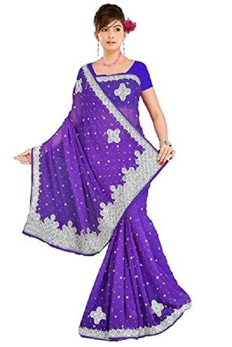 Silver Ladies Fashionable Party Wear Stone Work Georgette Chiffon Sarees