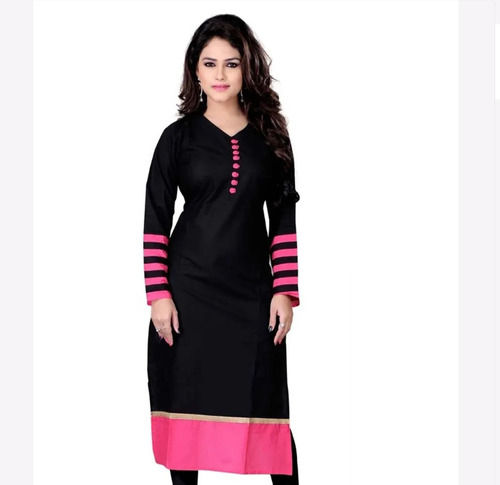 Black And Pink Full Sleeve V Neck Casual Wear Ladies Cotton Kurta  Age Group: Adults