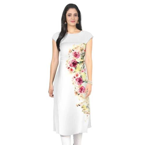 3/4 Sleeve And Mandarin Neck Cotton Blend Printed White Women Printed Kurti