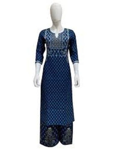 Blue Ladies 3/4 Sleeves Knee Length Printed Cotton Kurti For Casual Wear