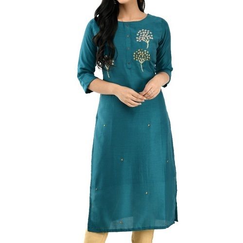 Ladies Party Wear Breathable Round Neck 3/4th Sleeves Silk Kurtis