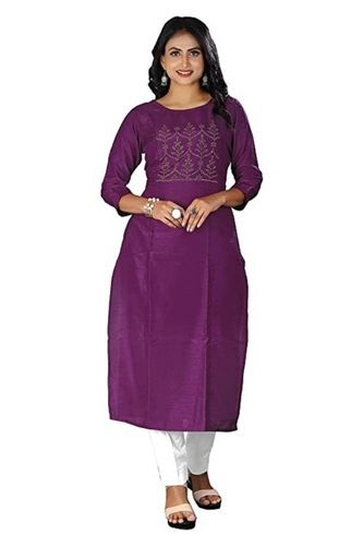 Purple Color Modern Style Casual Wear 3/4Th Sleeves With Plain Pattern Cotton Kurti For Ladies