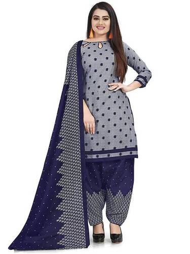 Women'S Traditional Wear Cotton Silk Blue Color Printed Salwar Suits