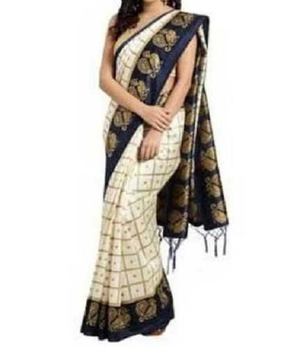 Summer Beautiful Printed Pattern Casual Cotton Silk White And Blue Saree