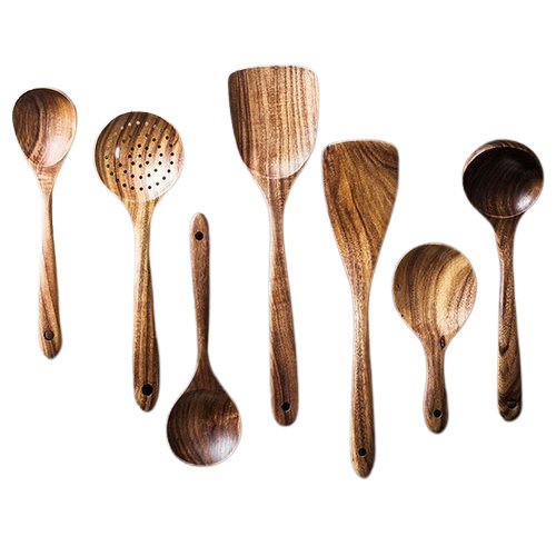 Brown Circle And Round Shape Wooden Spatula Set 7 Piece