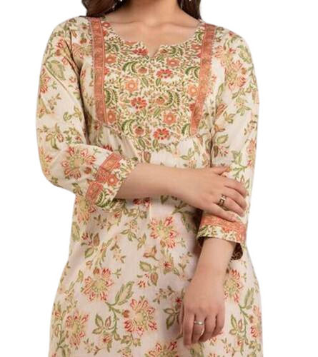 Ladies Wrinkle Resistant And Soft 3/4 Sleeve Floral Print Cotton Kurti