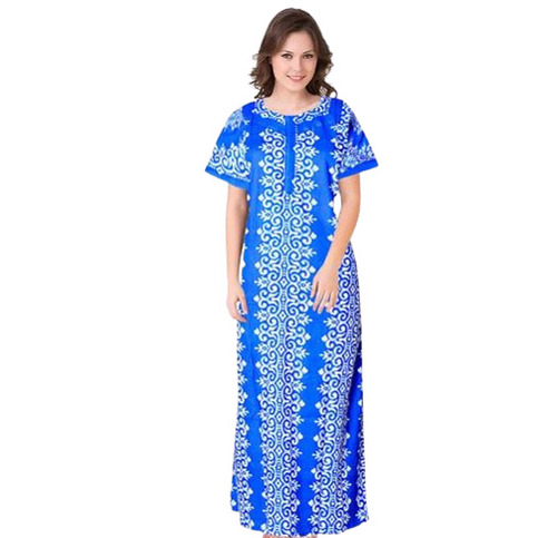 महिलाओं के लिए नीली धोने योग्य और आरामदायक शॉर्ट स्लीव प्रिंटेड कॉटन नाइटी