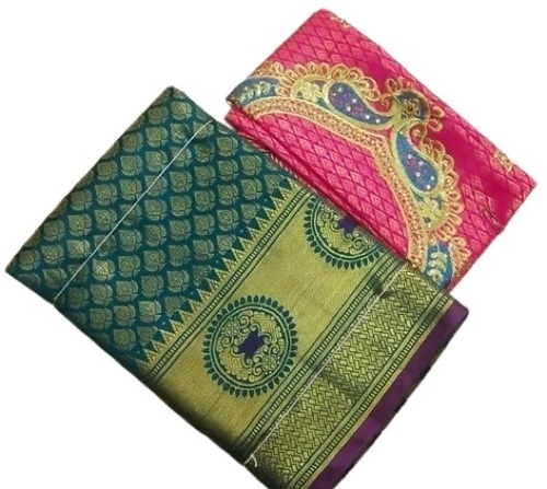 12 Peace Stylist Plain Pink And Green Cotton Silk Saree