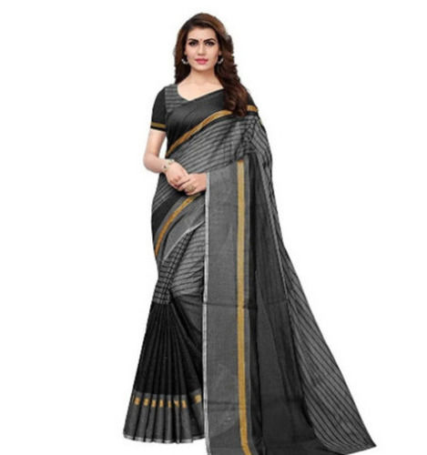 Black And Grey Ladies Party Wear Designer Striped Soft Cotton Saree With Blouse