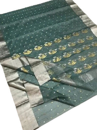 Dark Green Party Wear Zari Work Cotton Silk Saree For Ladies