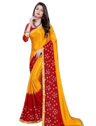 Stylist Designer Plain Party Wear Red And Yellow Cotton Silk Saree