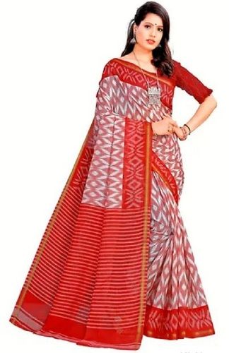 White And Red 5.5 Meter Long Casual Wear Printed Linen Blend Ladies Saree With Blouse