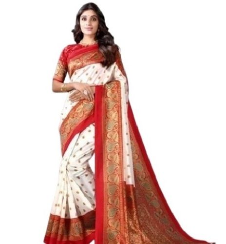 Floral And Geometric Printed Cotton Silk White And Red Saree