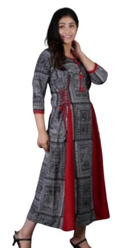 Red And Gray Stylish And Designer Full Sleeves Cotton Kurti For Women