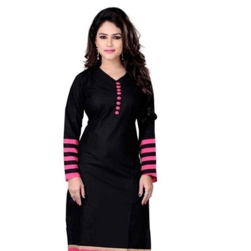 Full Sleeve Black And Pink Washable And Comfortable Ladies Cotton Kurti